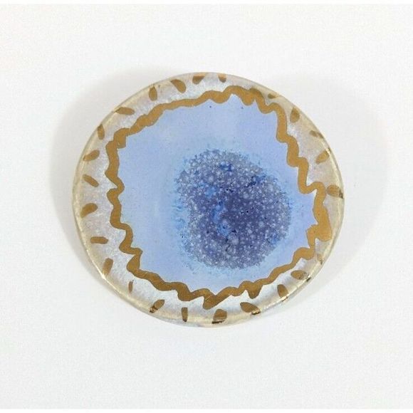 Round Artisan Signed Ceramic Brooch - Signed J. Scheilter Blue And Gold Toned - Picture 1 of 7